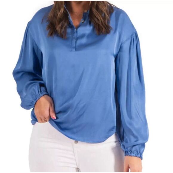 Emily McCarthy NWT Lolli Ultramarine Blue Silky Long Sleeve Blouse Sz M Lined - Picture 1 of 15